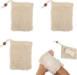 3 stuks - Badkamer zeeptas - Natuurlijke zeepzak - Schuimnet van katoen en linnen - Schuimnetzak voor badhanddoeken - Handgemaakte zeeptas - Badkamer zeeptas met trekkoord - Met kralen - 9 cm x 14 cm - Beige — thumbnail 1