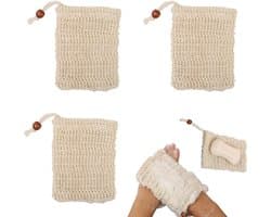 3 stuks - Badkamer zeeptas - Natuurlijke zeepzak - Schuimnet van katoen en linnen - Schuimnetzak voor badhanddoeken - Handgemaakte zeeptas - Badkamer zeeptas met trekkoord - Met kralen - 9 cm x 14 cm - Beige