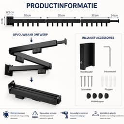 BSS® Wanddroogrek Inklapbaar 120 cm – Uittrekbaar Wandwasrek met 3 Niveaus – 18 Haken en Handdoekhouder – Ruimtebesparend Droogrek voor Balkon, Badkamer en Bijkeuken — thumbnail 5
