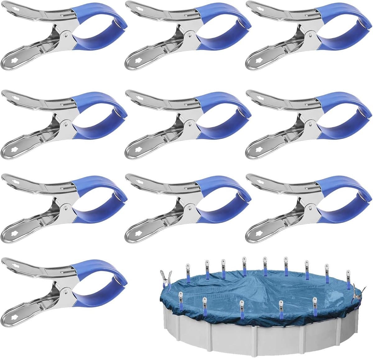 Set van 10 grote roestvrijstalen wasknijpers – 12 cm klemmen – Strandhanddoekklemmen – Stevig en duurzaam – Windbestendig en krasbestendig – Sterke grip – Blauw — afbeelding 1