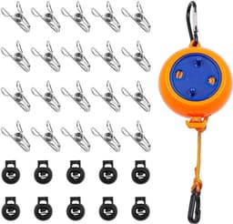 Intrekbare Camping Waslijn - Wasrek - Reizen Wasserij - Verstelbaar - Heavy Duty - Wasknijpers - Outdoor - Indoor - Courtyard - Travel - Hotel - Geschikt voor Camping en Reizen - 8 Meter - Met 20 Wasknijpers - 10 Vaste Gespen — thumbnail 1