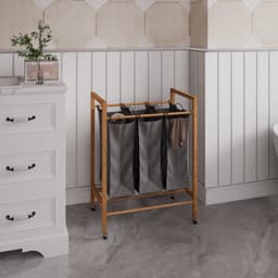 Bamboe Wasmand met 3 Vakken - Wassorteerder met Uitneembare Waszak - Wasmand met Wielen - 90L Kleding Sorteerder voor Badkamer, Slaapkamer en Wasruimte — thumbnail 2