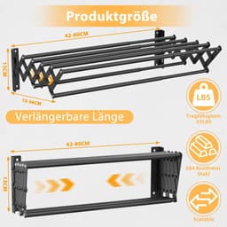 Dailygoods- Wanddroogrek roestvrij staal - Uittrekbaar 42-80 cm - Draagvermogen 26 kg - Zeven droogstangen - Ideaal voor binnen/buiten - Wasdroogrek — thumbnail 3