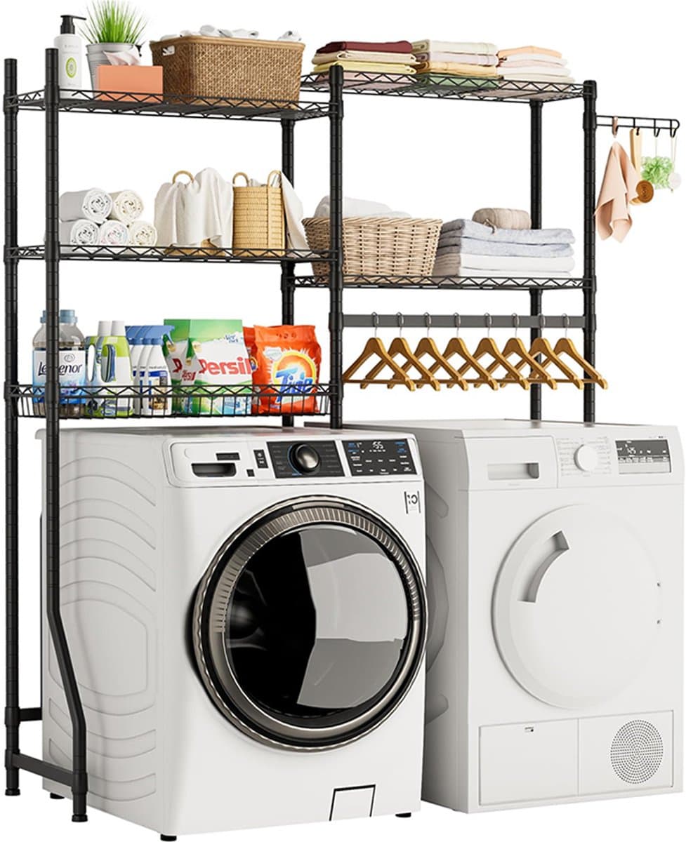 Liverna® Wasmachine Ombouw Rek - Opbergkast/Wc Kastje boven Wasmachine en Droger - 3 Laags Badkamerrek - Metaal Zwart - 147x35x195 cm — afbeelding 1