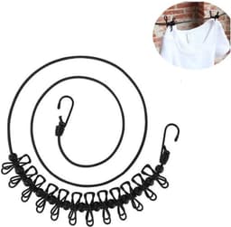 Draagbare Waslijn - 1-delige Reis-Waslijn - Verstelbare Uittrekbare Winddichte Lijn met 12 Klemmen en Antislip Gesp voor Kamperen en Reizen Kleding Drogen - Zwart — thumbnail 1