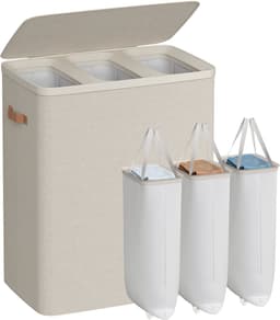 Conway Living® - Wasmand met 3 Vakken - 190 Liter - Wasbox met Deksel en Uitneembare Waszak - Wassoorteerder - Inklapbaar - Cappuccino Beige - 64x40x75 cm — thumbnail 1