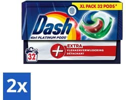 Dash - 4in1 Pods +Extra Vlekkenverwijderaar - Wasmiddelcapsules - Intensieve Reiniging - 32 Wasbeurten - Voordeelverpakking - 2 stuks