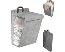 Opvouwbare wasmand met deksel - Hangende wasmand - Stoffen wasopberger - 48x36x12cm - Grij - met gaasvenster - voor badkamer en wasruimte