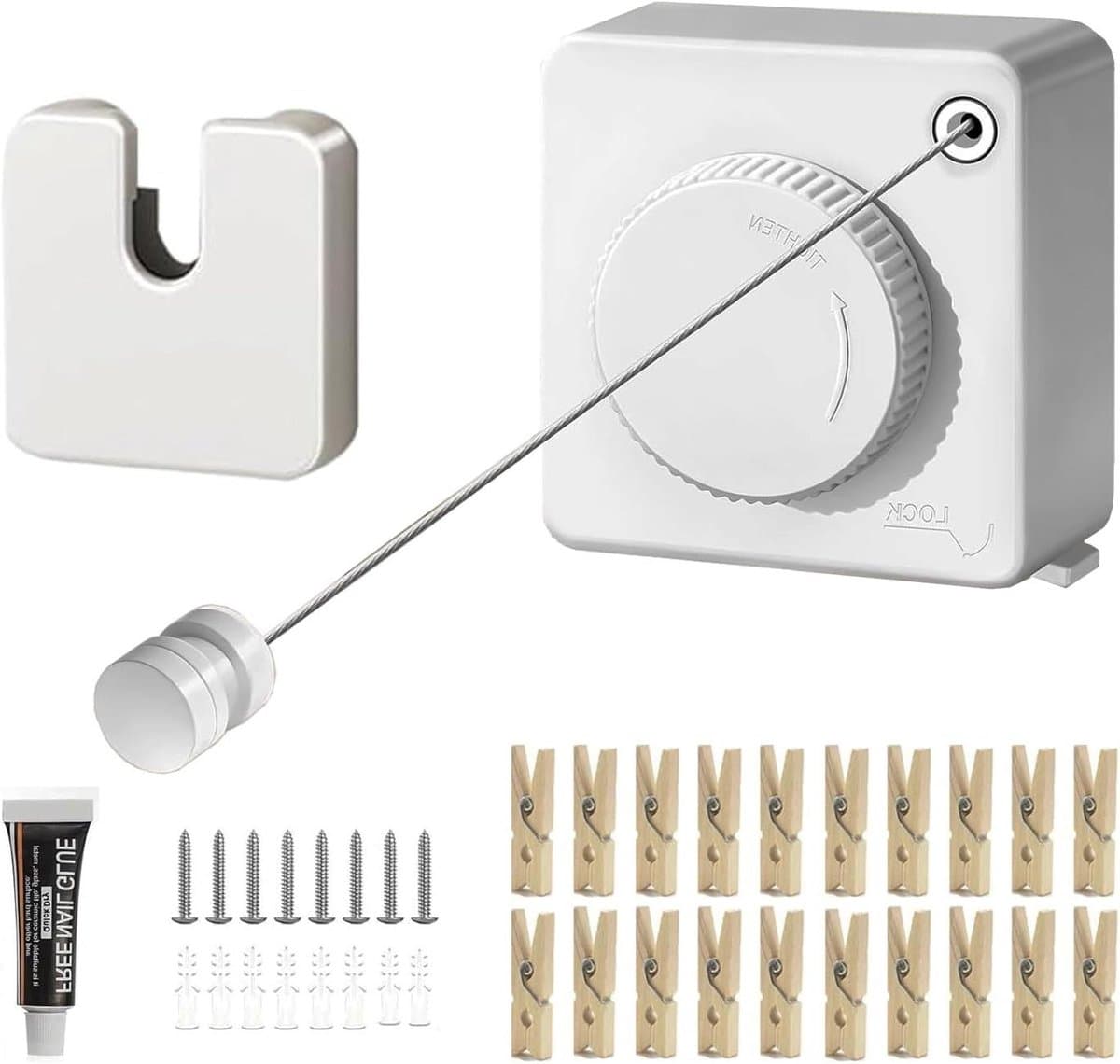 Uittrekbare Waslijn - Wand Waslijn - Kleding Drogen - Roestvrij Staal - 5.1 Meter - Wit — afbeelding 1