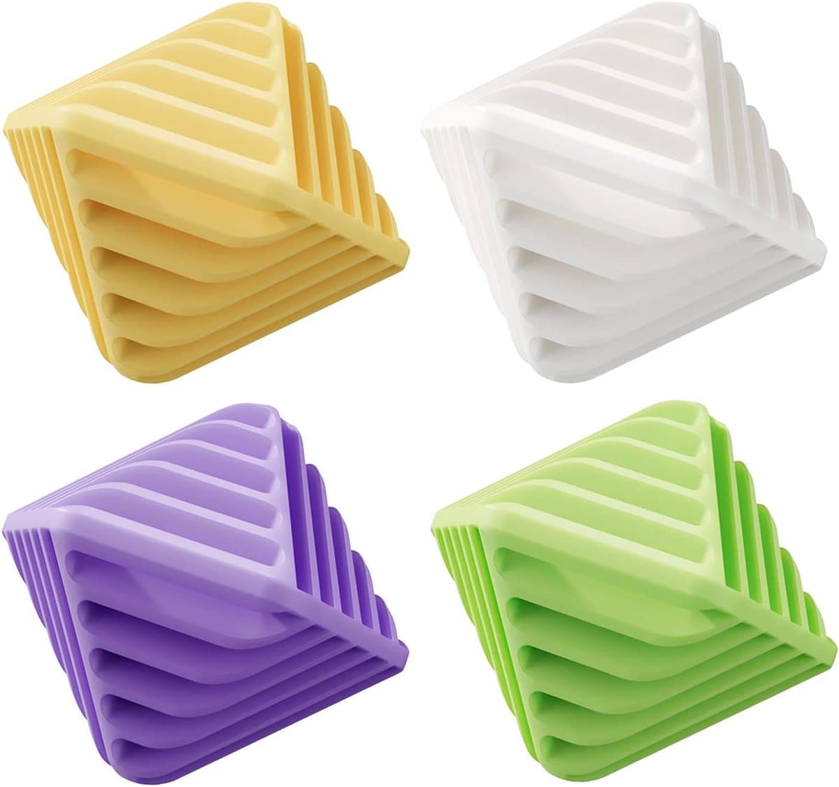 Verpakking met 4 herbruikbare antistatische wasballen, afmetingen 65 mm x 58 mm x 60 mm, geschikt voor gebruik met wasverzachter in de wasmachine. Het gestructureerde oppervlak voorkomt dat kleding in de knoop raakt (geel, paars, groen, wit). — afbeelding 1