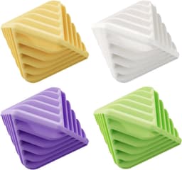 Verpakking met 4 herbruikbare antistatische wasballen, afmetingen 65 mm x 58 mm x 60 mm, geschikt voor gebruik met wasverzachter in de wasmachine. Het gestructureerde oppervlak voorkomt dat kleding in de knoop raakt (geel, paars, groen, wit). — thumbnail 1