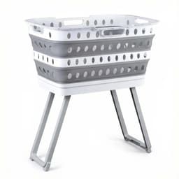 Opvouwbare Wasmand met Onderstel XL - 65L - Vrijstaande Wasmand - Ruimtebesparend - Grijs/Wit - Wasmand — thumbnail 1