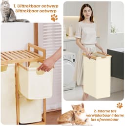 KAD® Wasmand 3 Vakken - Wassorteerder met Deksel - Uitneembare Waszakken - Beige - 42cm x 81cm x 77cm — thumbnail 3