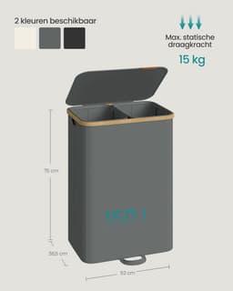 SONGMICS Wasmand met deksel, wasverzamelaar, wassorteerder, waszak afneembaar, bamboeframe, voor bijkeuken, slaapkamer, 2 vakken, 150 liter, leigrijs LCB532GN01 — thumbnail 2