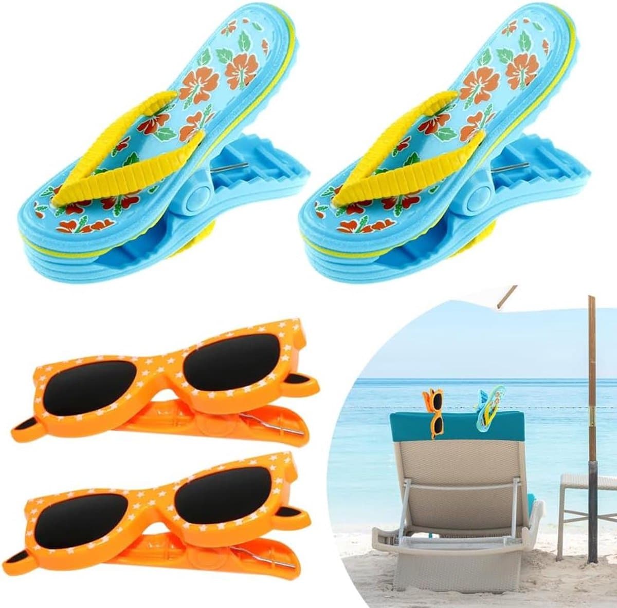 Handdoekclips - Wasknijpers strand - Handdoeken vastzetten - Slipper ontwerp - 4 stuks - Veelkleurig — afbeelding 1