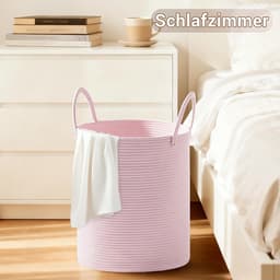 Wasmand, opbergmand, gevlochten mand, 72 l, grote ronde wasverzamelaar met katoenen handvat voor kinderkamer, mand voor dekens en speelgoed voor woonkamer of wasruimte, roze — thumbnail 5