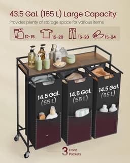 VASAGLE Wassorteerder, 43,5 Gal. (165 L) Wasmand met 3 compartimenten, rolkar met wielen, plank, verwijderbare zakken, zakken, inktzwart en rustiek bruin BLH031B01 — thumbnail 2