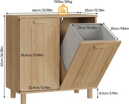 Pugsdrly Kantelbare wasmand met uitneembare wasmand, verborgen wasmand, opbergkast voor de badkamer, vrijstaande opbergrek voor thuis, eikenkleur — thumbnail 2