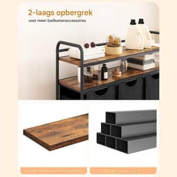 Wasmand – Voor Badkamer & Wasruimte – 3 Compartimenten (3×46L) met 2 Planken, Uitschuifbare Waszak – Grijs — thumbnail 4