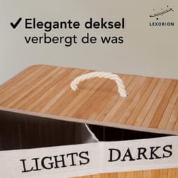 Lexorion Wasmand met Deksel XL - Bamboe - 2 Vakken - Wassorteerder - 2 Wasbare Katoenen Waszakken - Handvatten - 100 Liter - Natuurlijk Bruin — thumbnail 4