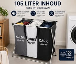 HEM Wasmand 3 Vakken 105 Liter – Wassorteerder Donker, Licht & Kleur – Polyester Wasmand met Aluminium Frame – Opvouwbare Wasmand – Was Organizer 58x40x58 cm – Inclusief HEM Microvezeldoekje — thumbnail 5