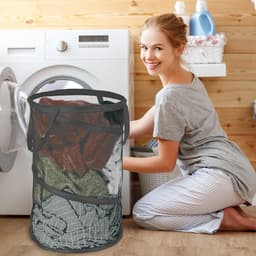 Ulisem - Opvouwbare wasmand - 59 liter pop-up - Met handvatten - Ademend nylon gaas - Ventilerend en geurbestrijdend - Draagbaar en ruimtebesparend - Multifunctioneel voor thuis en reizen - Grijs — thumbnail 4