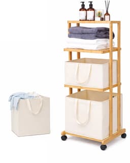 Eleganca Wassorteerder 3 Vakken - Wasmand - Met Wieltjes - H121 x L42 x B34 - Bamboe Naturel — thumbnail 1