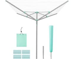 SONGMICS wasspin, wasrek, draaibar, opvouwbaar, buiten, tuin, met wasklemmen, beschermhoes, zilver, 60 m waslijn, voor 6 wasbeurten LLR308EZ01