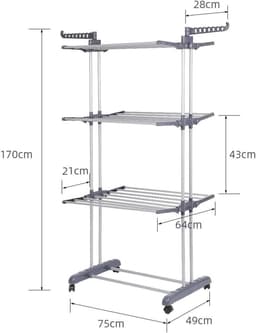 Kledingdroger Toren - Opvouwbaar Rek - Was Drogen - Met Wielen - 3 Planken - Wit — thumbnail 5