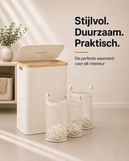 SOVARA- Wasmand 3 vakken - 160L - Beige - Bamboe wassorteerder - 3 uitneembare waszakken — thumbnail 3