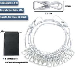 Dailygoods- Waslijn Uittrekbaar 1,8m - Draagbare Campingwaslijn - 12 Wasknijpers - Multifunctionele Waslijn - Inclusief Opbergzak - Eenvoudige Installatie - Reiswaslijn — thumbnail 4