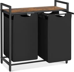 Noventra wasmand 2 vakke-wassorteerder-wasmanden-wasmand-73x33x72 cm-2 manden-Oxford stof-MDF hout-staal-vintage bruinzwart- — thumbnail 1