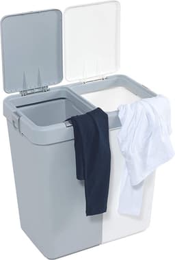 Motek® - Wasmand - 2 Vakken met Deksel - Met Touch Deksel - Gemaakt van 100% gerecycled kunststof - 80 L - wasmand met deksel - Wassorteerder - Grijs - Wit — thumbnail 5