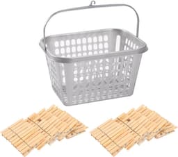 Wasknijpersmandje met haak en 150x stuks houten wasknijpers - Was ophangen - handige huishouden artikelen — thumbnail 1