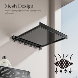 Aan de muur bevestigde kledingdroogrek, opvouwbaar wasdroogrek, 44cm brede aluminium opvouwbare hangende garderobe met 6 handdoekhaken - Zwart — thumbnail 2