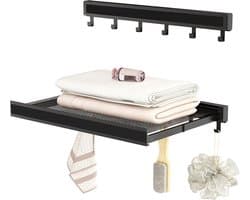 Aan de muur bevestigde kledingdroogrek, opvouwbaar wasdroogrek, 44cm brede aluminium opvouwbare hangende garderobe met 6 handdoekhaken - Zwart