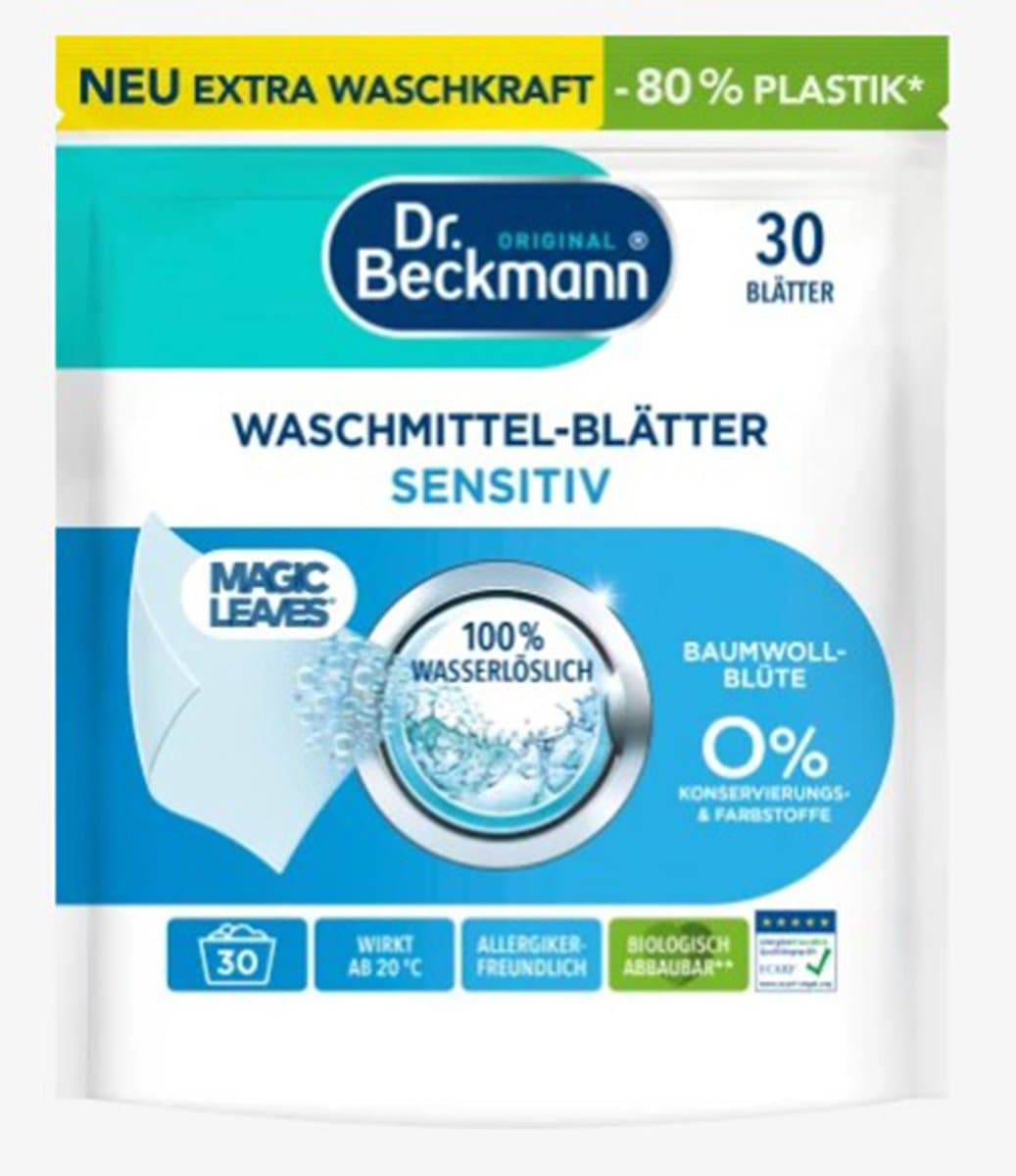 LET OP!!!! INHOUD 30 STUKS / Dr. Beckmann Wasmiddeldoekjes SENSiTIV / Wasmiddelstrips 30 STUKS / Dr. Beckmann /met aloe vera / Witte Was / Magic Leaves Universeel / Vegan- geen conserveringsmiddel-80% minder plastik — afbeelding 1