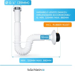 Flexibele afvoerslang voor wastafel - 32 mm - uitschuifbaar van 320-800 mm — thumbnail 3