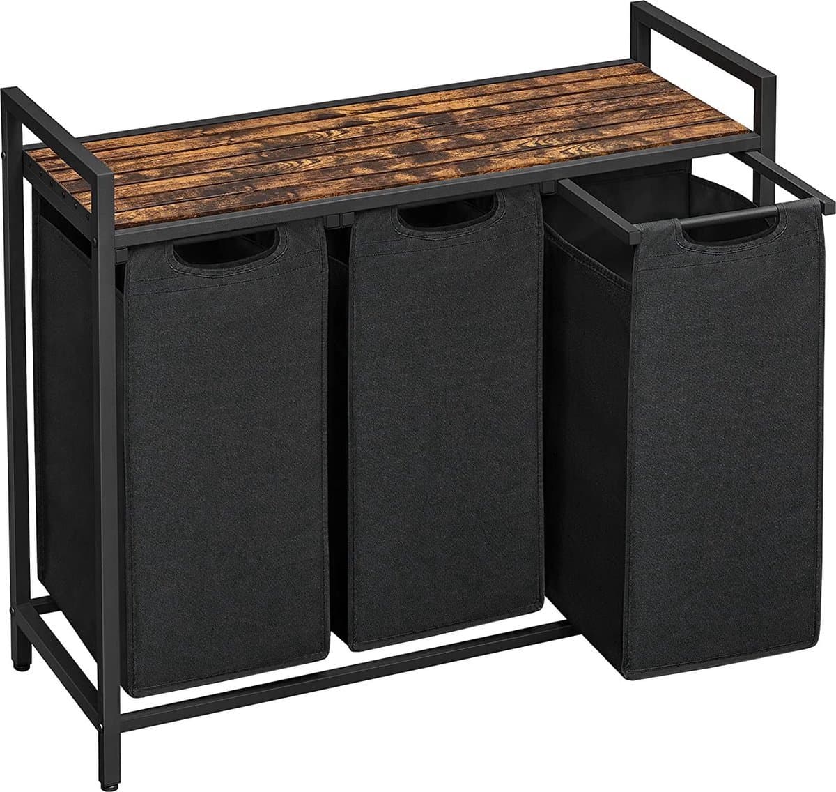 xDays Wasmand 3 vakken – uitschuifbaar met plank - 92.5 x 33 x 71 cm - wassorteerder - 114 liter verdeeld over 3 zakken – wasmanden zwart metaal en bruin hout — afbeelding 1