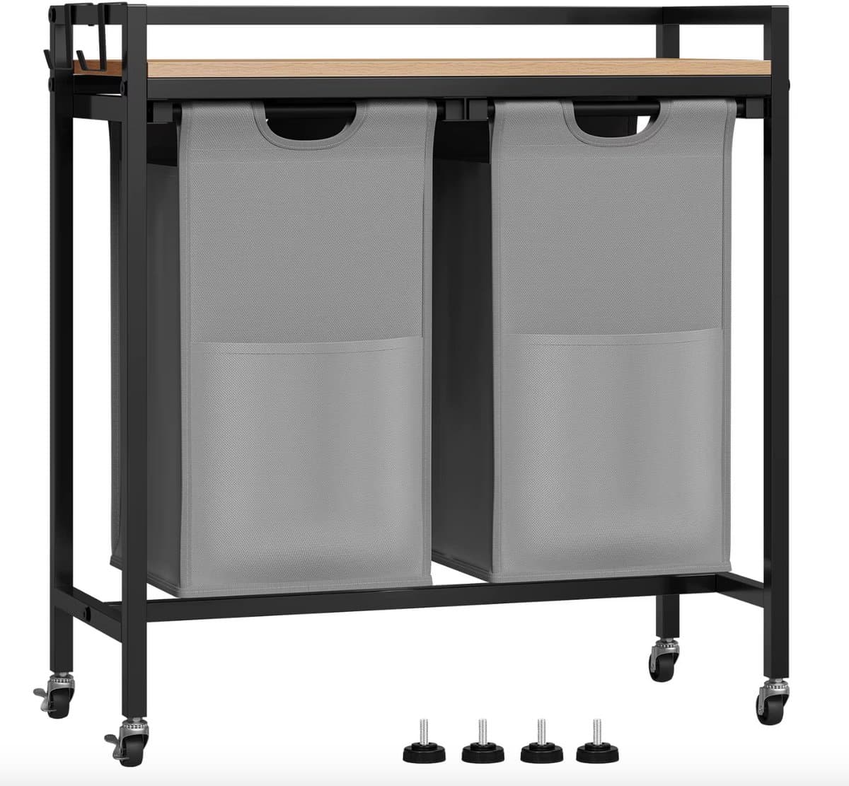 J&R Wasmand kastje - Wasmand met 2 vakken - Wassorteerder - Wasmand tafel - Waszak - Badkamerkast - Wasmand meubel - Wasmand rek - Light oak - Zwart metaal — afbeelding 1