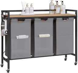 J&R Wasmand kastje - Wasmand met 3 vakken - Wassorteerder - Wasmand tafel - Waszak - Badkamerkast - Wasmand meubel - Wasmand rek - Light oak - Zwart metaal — thumbnail 2