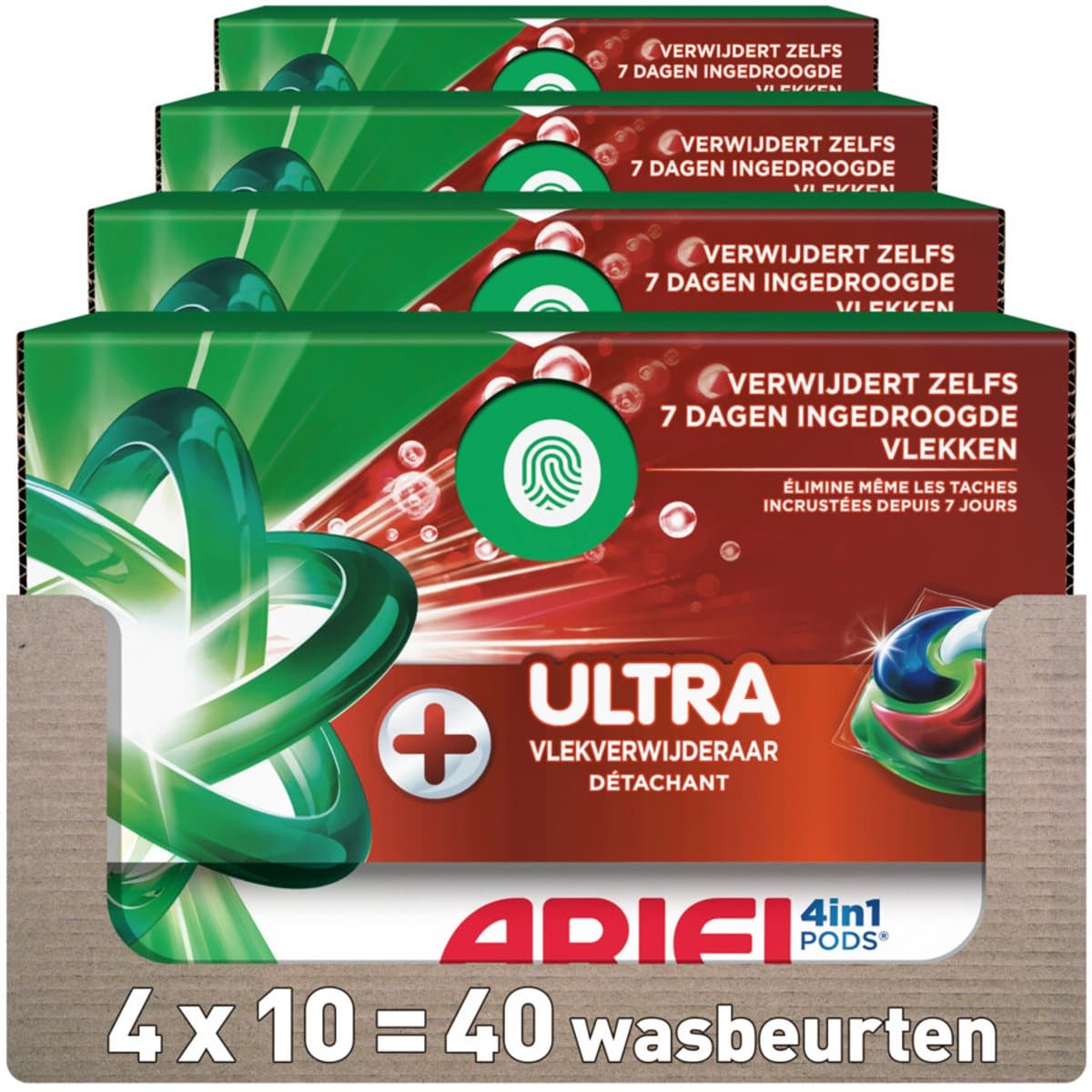 Ariel 4in1 Wasmiddel Pods Ultra Vlekverwijderaar - 4 x 10 stuks - Voordeelverpakking — afbeelding 1