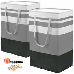 Wasmanden - Wasmand opvouwbaar - wassorteerder - wasmand 2 vakken - Katoen-linnen met waterdichte coating en metalen frame - voor veelzijdige opslagdoeleinden - met 4 opvouwbare kledinghangers - Verlengde handvatten — thumbnail 2