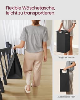 Wassorteerder - Wasmand Kast - Met 3 Vakken - Met Plank - Waszak Verwijderbaar - Zwart - 92,5 x 33 x 72 cm — thumbnail 4