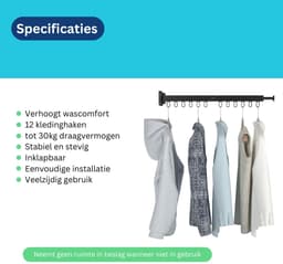Wasophoogte® Wanddroogrek - Droogrek Inklapbaar - Wasrek Inklapbaar - Wasrek Hangend - 12 kledinghaken — thumbnail 3