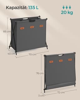 FurnStar - Wasmand - wasverzamelaar - 135 liter - wasbox - 3 vakken - inklapbaar X-frame - individuele etiketten - voor bijkeuken - slaapkamer - badkamer - 70 x 40 x 66 cm - grijs — thumbnail 5