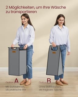 FurnStar Wasmand 3 Vakken – Wasverzamelaar met Rollen en Plank – 100L – Wassorteerder met 6 Etiketten – Kleine Zijzakken – 68,6 x 33 x 80,5 cm – Kastanjebruin, Inktzwart, Duifgrijs — thumbnail 5