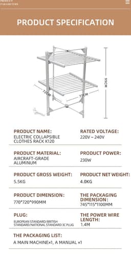 FurnStar - Droogrek K120 - Elektrische droogrek - Verwarmde Wasrek - ‎Droogrek met Verwarming - 72 x 77 x 99 cm - Grijs — thumbnail 2