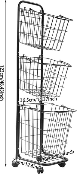 Wasmandwagen Met 3 Manden Zwart 26*32*123cm 3-Laags Rolbare Wasmanden Op Wielen Wasrek Waswagen Voor Badkamer Waskeuken — thumbnail 2