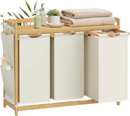 NaevaMi Wasmand 3 Vakken – Wassorteerder - Wasmanden - Wasbox - Wassorteerder 3 vakken - Wasmand Hout - Wasmand Bamboe - 150 liter - 3 Compartimenten - Uitschuifbaar met Plank - 94 x 33 x 78 cm - Wit — thumbnail 1